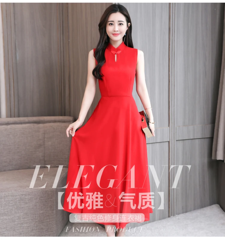 Zf8023@ Feimina улучшенное платье Cheongsam приталенное однотонное платье средней длины платье без рукавов