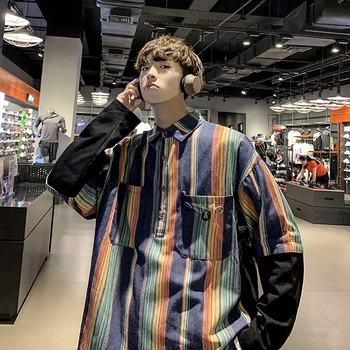 

Men's shirt new summer 2019 slim stripe print long-sleeve shirt loose casual lapel fashion personality young men's wear