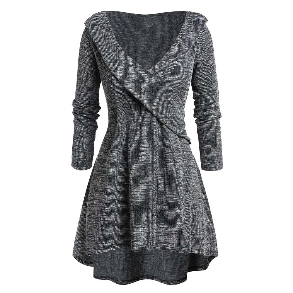

ROSEGAL Plus Size Tunic High Low Plunging Neck Sweater Sexy High Waist Pullovers A-Line Sweaters Pull Femme Winter Clothes Women