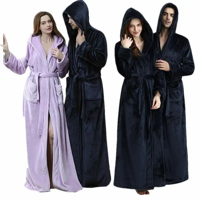 Mens Ladies Flannel Hooded Bathrobe Long Towelling Bath robe Dressing Gown Coat