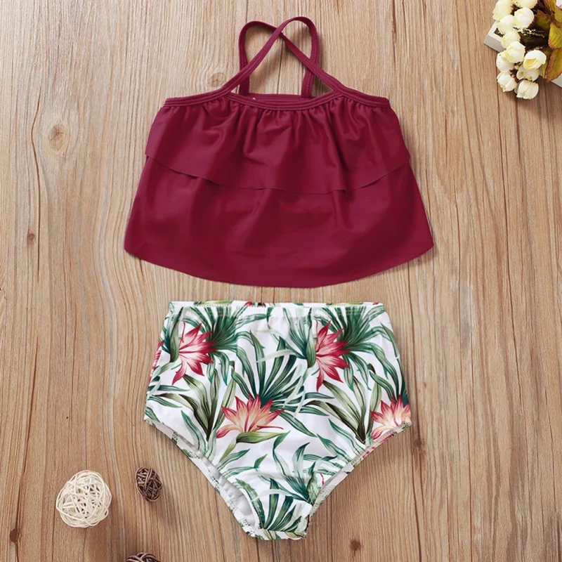 

/Swimwear Girls Swimming Costume Two Piece Solid Color Sling Swimsuit Tropical Flowers Print Swim Trunks Bathing Suit Set f