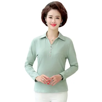 

XL-5XL Turn Down Neck Solid Long Sleeve T Shirt For Women Big Size Mother Clothes Casual Tee Shirts Femme Spring Autumn Tops