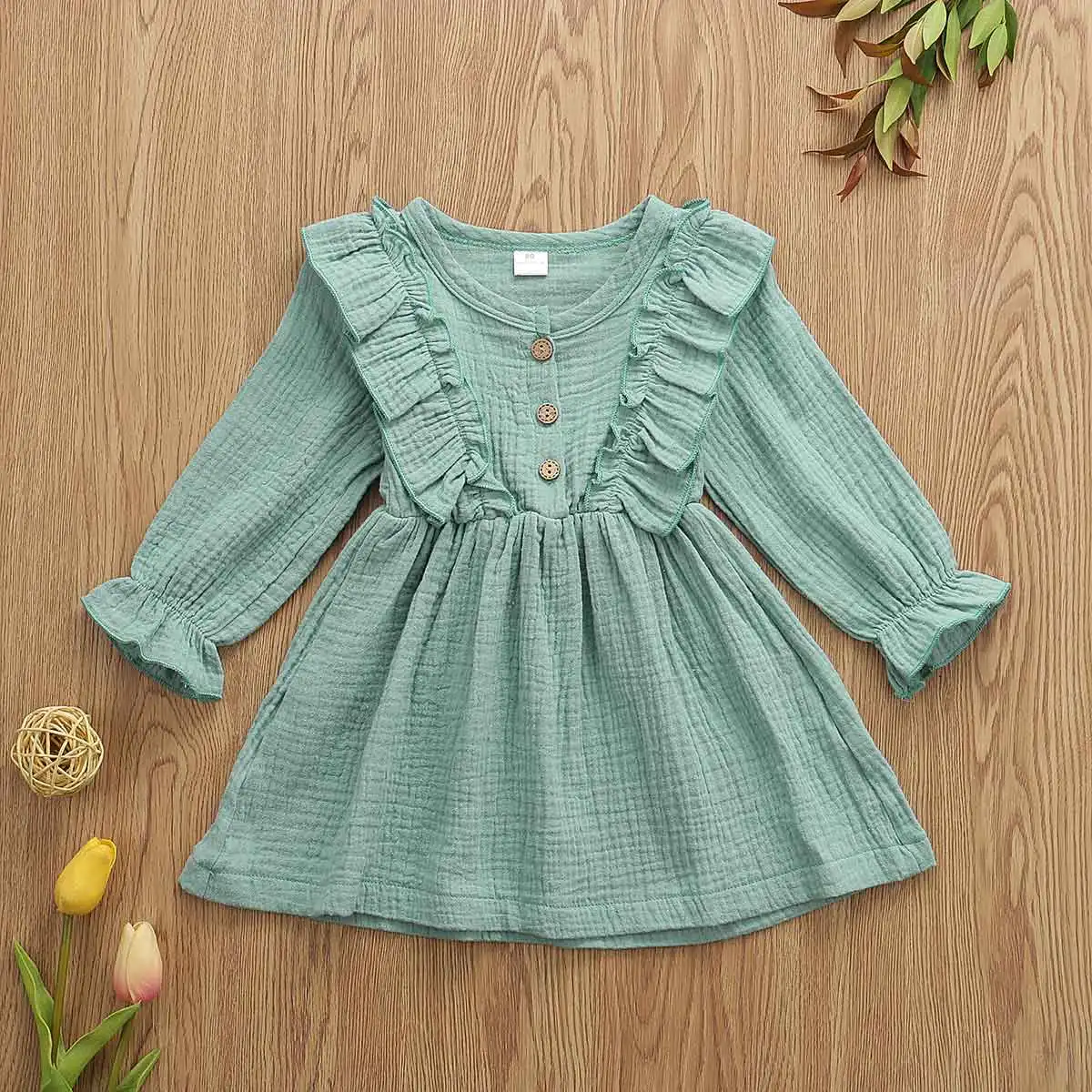 0-5Y Toddler Kids Baby Girl Autumn Dress Ruffles Long Sleeve Solid Cotton Linen Party Casual Dress Clothes