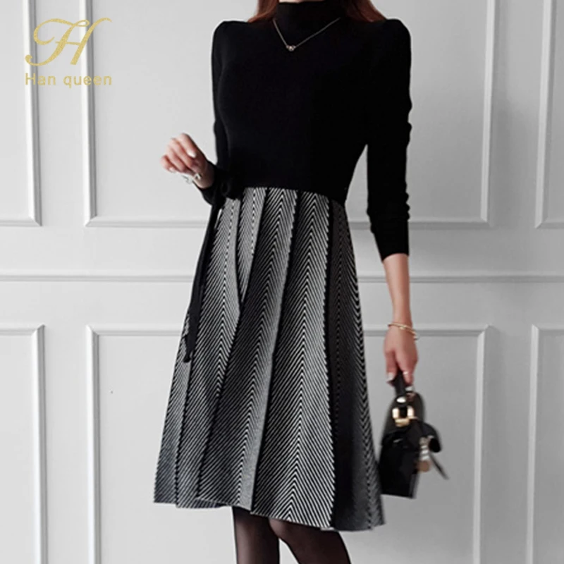 H 한 여왕 핫 세일 캐주얼 풀오버 스웨터 Pleated Vestidos 우아한 간단한 오피스 드레스 여성 컬러 매칭 a 라인 드레스