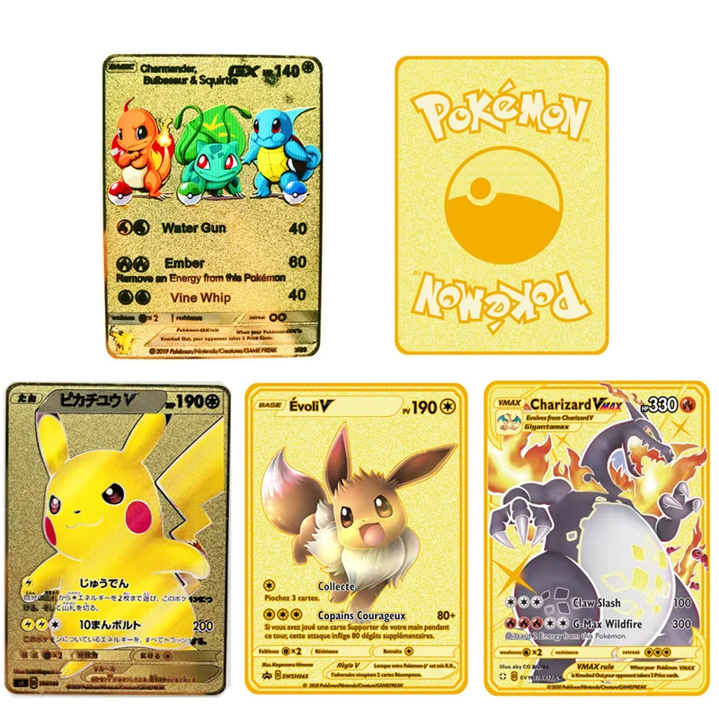Tarjetas de Pokémon Vmax GX MEGA, 10 estilos, tarjeta de Metal dorada súper juego, colección de Charizard Pikachu, modelo de figura de acción para niños