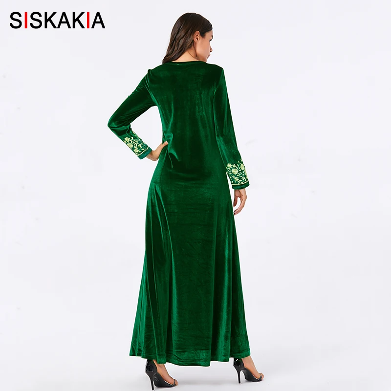 Siskakia, элегантное женское длинное платье, осень, зеленый бархат, Цветочная вышивка, мусульманское, повседневное, макси, платья с длинным рукавом размера плюс