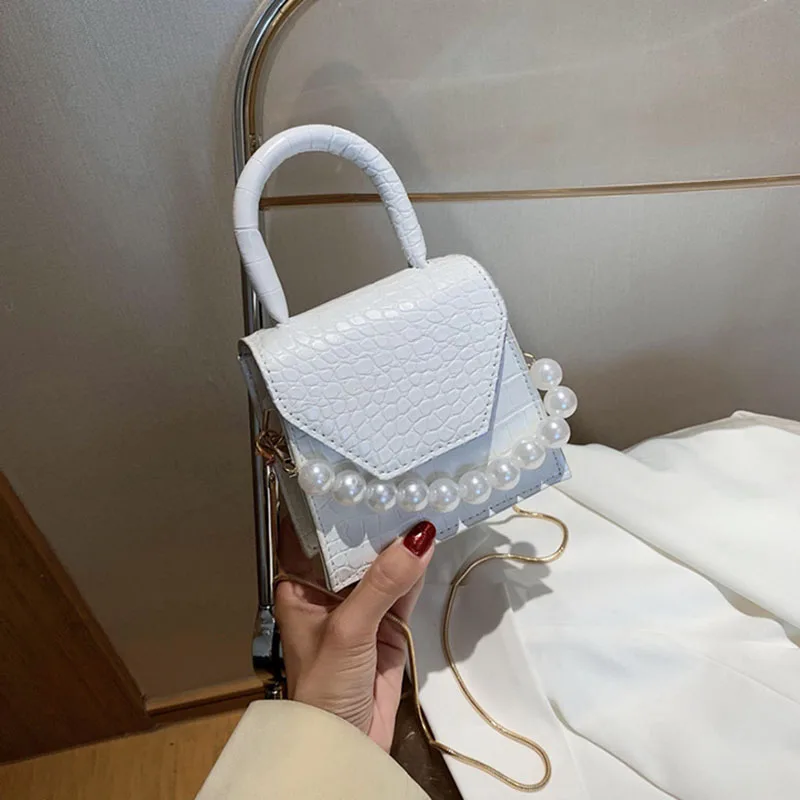 

Pearl Handle Super Mini Design PU Leather Shoulder Bags for Women 2020 Crossbody Bag Travel Handbags Stone Pattern