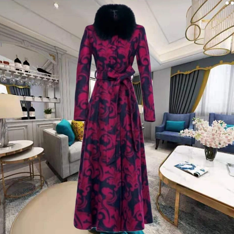 Женское шерстяное пальто с большим меховым воротником размера плюс 5XL осенне