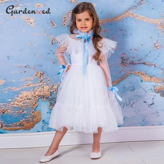 Polka-dot Tulle Flower Girl Dresses Illusion Long Sleeves Girl Wedding Party Dress Ribbons Communion Dress Birthday New Year White Tea Length
