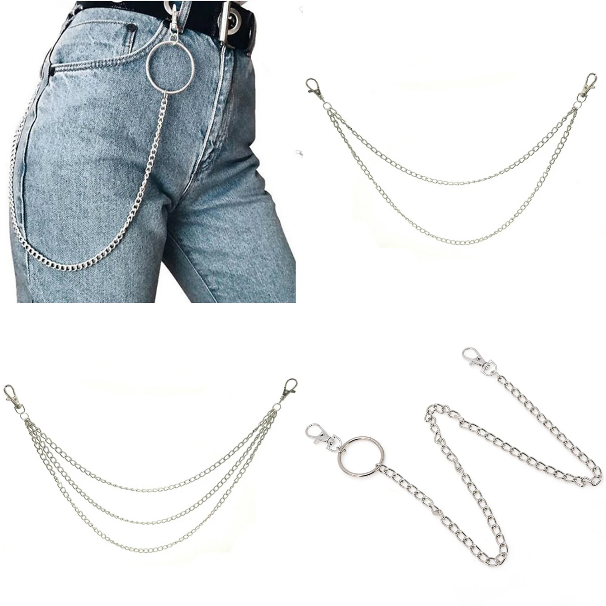 

hot Belt Chain 1Layer/2Layer/3Layer Rock Punk Hook Trousers Pant Waist Link Metal Wallet Silver Chain Fashion Men Jewelry