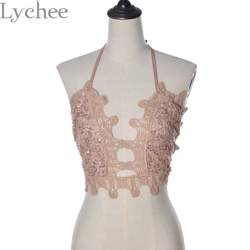 Lychee, сексуальный вырез Для женщин с лямкой на шее платье на бретельках с блестками и Bralet крючком укороченный кроп-топ с открытой спиной Короткие пляжные Party Bralette топ на бретелях
