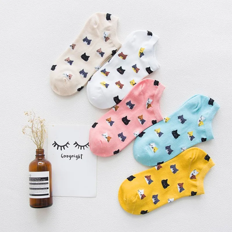 5 пар, новые женские хлопковые носки по щиколотку Милые Удобные забавные Носки ярких цветов с котом повседневные носки с мультяшным животным для девочек