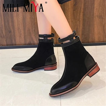

MILI-MIYA New Arrival Women Full Genuine Leather Ankle Boots Zipper Solid Color Square Heels Round Toe Plus Size 34-42 Handmade