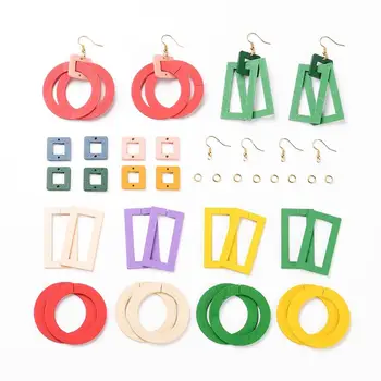 

1 set Wood Dangle Earrings DIY Jewelry kits with Circle/rectangle Wood Links, Earring Hooks and Jump Rings Mixed Color