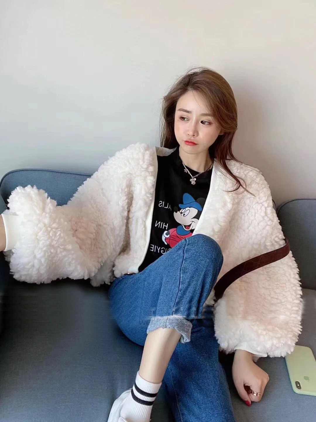 TXJRH Korea Sweet Hairy Shaggy Faux Lamb Fur Jacket Coat Fashion Women Keep Warm Long Lantern Sleeve Outerwear Top 2 Colors