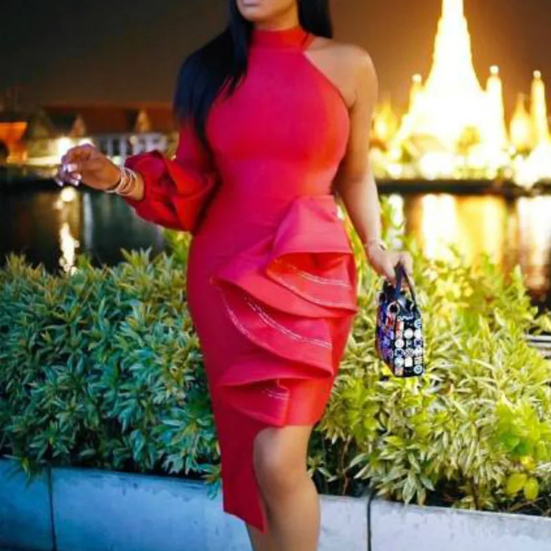

Missord 2019 O Neck Solid Color Ruffles Women Party Dresses Elegant One Shoulder Bodycon Female Sheath Dresses FT19673