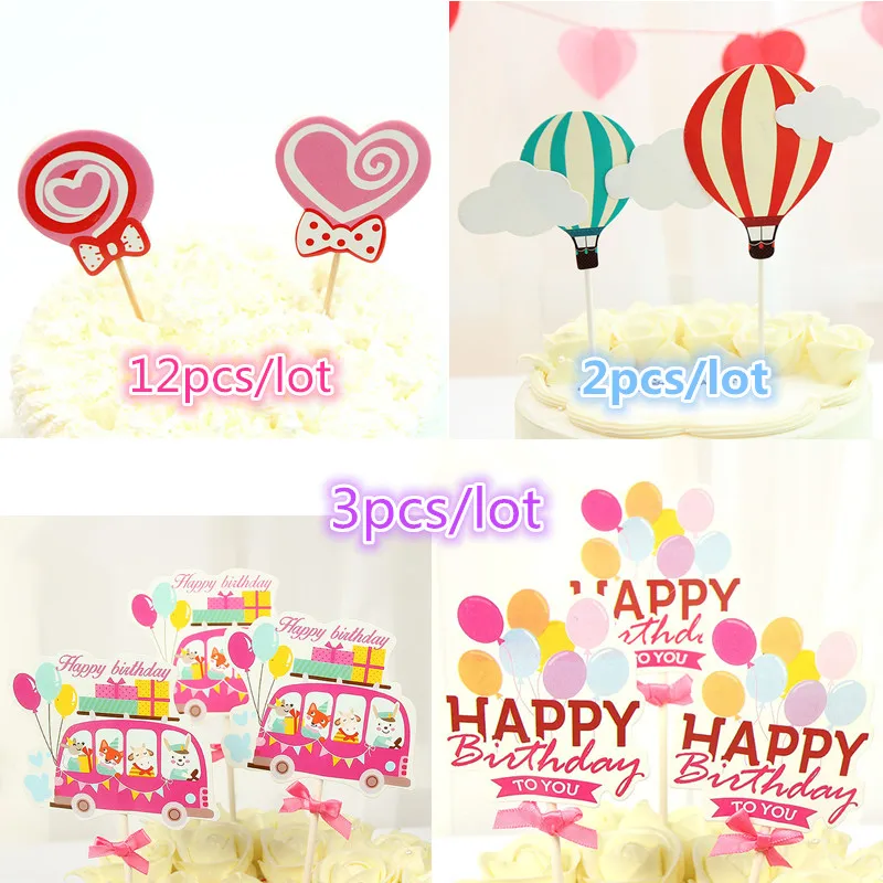 Happy Birthday To You Cake Topper Love Heart Lollipop Hot Air Balloon Cake Flags For Birthday wedding Party Cake Baking Decor