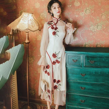 

Sexy Floral Rose Embroidery Cheongsam Two-piece Suit Elegant Dress Women Lace Vintage Ruffle Spilt Club Chiffon Dress Vestidos
