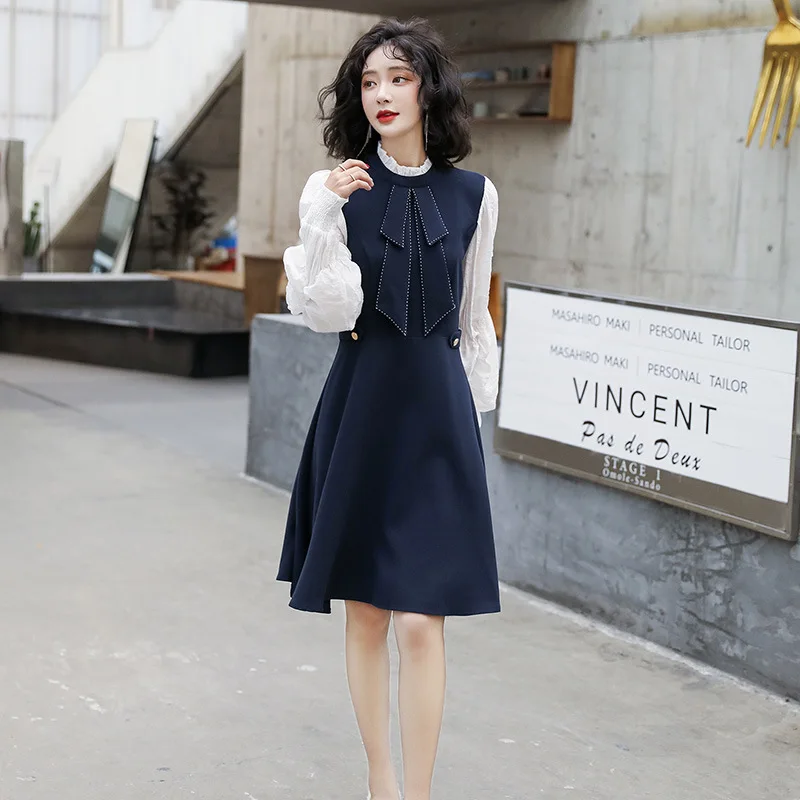 

Mock Two-Piece Dress Women's Long-Sleeve 2020 Spring Clothing New Style Joint Ladies' Elegant Waist Hugging Slimming by Age A- l