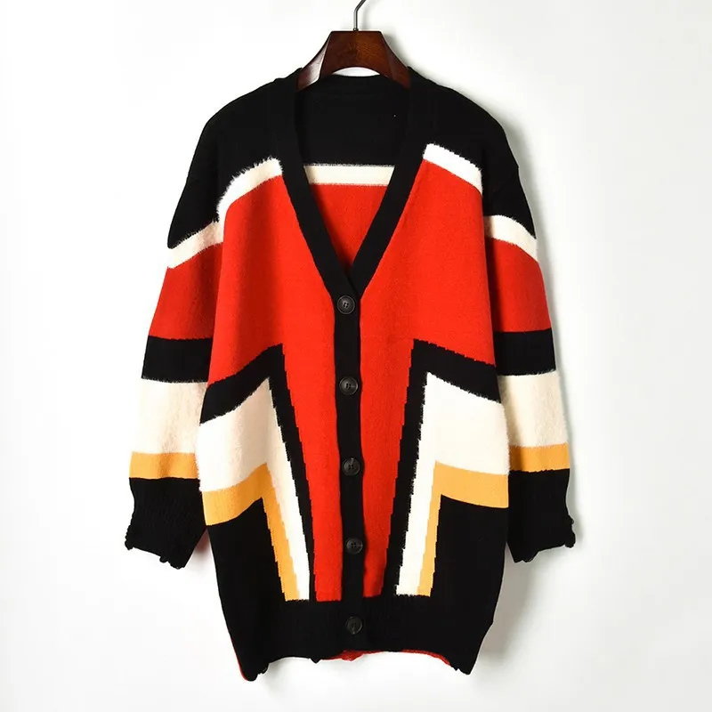 Зима контрастный цвет пэчворк норки Кашемир Длинные кардиганы осень сломанное отверстие вязаная куртка v-образный Вырез Свободный вязаный кардиган