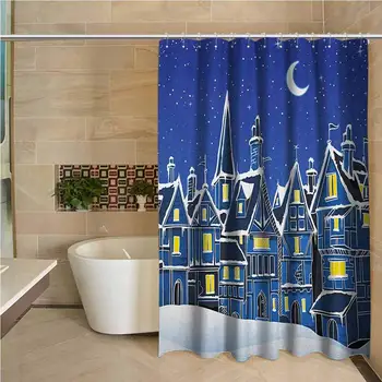 

Xmas Hotel Quality Polyester Shower Curtain Town in Snow Old Houses Winter Season Moon and Stars Night Christmas Inspired Shower