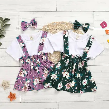 

Children's Suit Summer New Girl's Round Neck Short Sleeve Solid Tops Printed Camisole Short Skirt Bow Headband Three Piece Suit