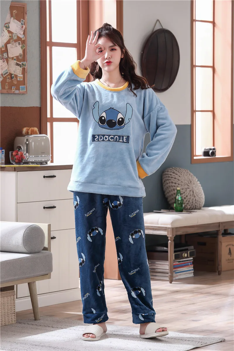 women Stitch Caiyier/зимние пижамные комплекты для женщин и мужчин, толстые теплые фланелевые пижамы с длинными рукавами, костюм милая Повседневная Ночная сорочка с рисунком для пар - Цвет: women Stitch