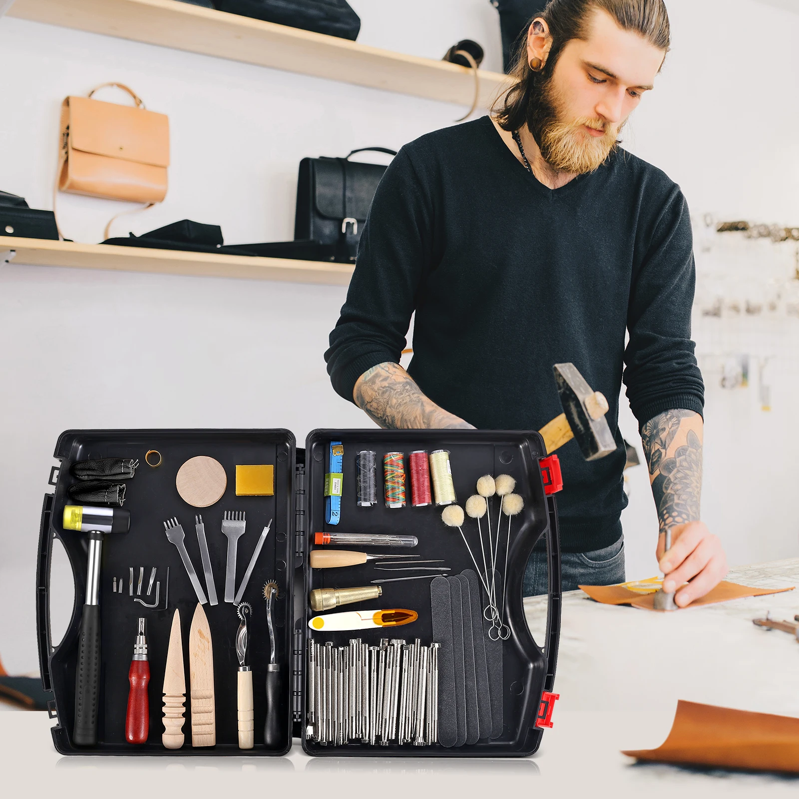 128 Pieces Leather Tool Kit, Leather Work Tool, Leathercraft Tools and Supplies with Stamping Tools Rivets Kit
