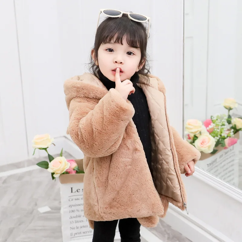 Fashion Children Cute Tail Sweater Coat Cotton Thicken for Winter Girls Faux Fur Natural Cozy Hooded Sweaters Coats 3- 8T