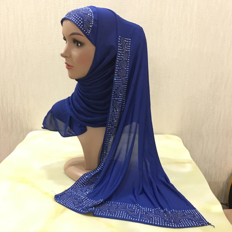 Dromiya цельный мусульманский женский шарф хиджаб головной платок головной убор длинный хвост Амира ислам горный хрусталь тюрбан арабские банданы шапочка для молитвы - Цвет: Royal Blue
