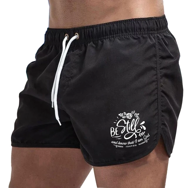 Summer Men's Beach Shorts Letter Printed Fitness Sports Casual Elastic Waist Drawstring Male Board Short Pants S-3XL black