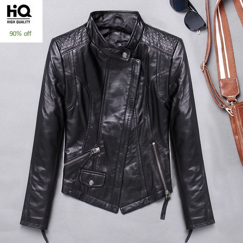 

Luxury Genuine Leather Jacket Female Spring Autumn Slim Fit Short Motorcycle Jacket Streetwear Punk Zipper Sheepskin Coat Women
