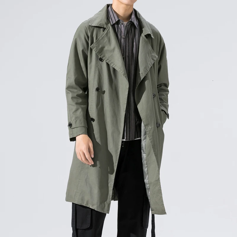 Army green Осенняя мужская новая верхняя одежда для отдыха, двойные куртки с пряжкой, длинное ветронепроницаемое Свободное пальто, стильный длинный Тренч, большие размеры M-5XL - Цвет: Army green