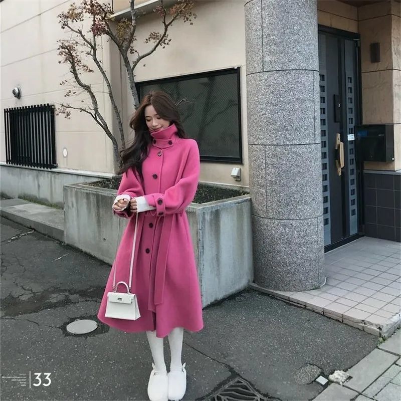 rose red Осенне-зимнее Новое Элегантное женское длинное пальто жакеты с ремешком солидное пальто Женская свободная Двусторонняя кашемировая верхняя одежда Z105 - Цвет: rose red
