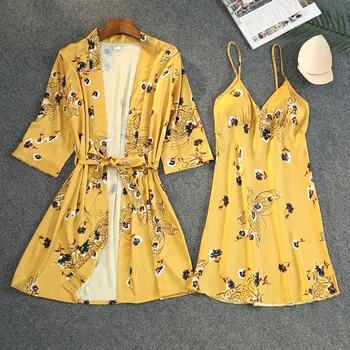 

Women Print Robe Set Satin 2PCS Sleepwear Summer Nighty&Robe Set Female Kimono Bathrobe Gown Nightwear Silky Home Clothes
