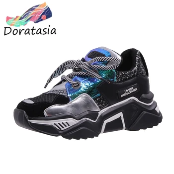 

DORATASIA New INS Hot Sweet Girl Dad Shoes Woman Shining Glitters Platform Shoes Woman Flats