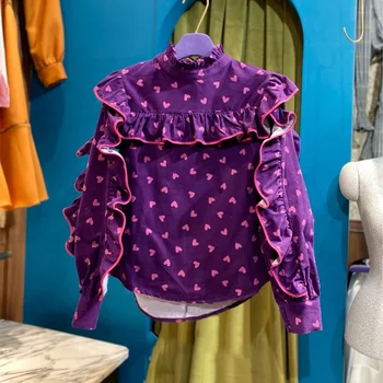 

Blouse Women 2020 Spring New Heart Printed Ruffled Lace-up Shirt Women's Fashion Top Girls Student Korean Style Blouses Tops