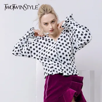 

TWOTWINSTYLE Polka Dot Shirt Tops Female Lantern Long Sleeve Women's Blouse Casual White Clothes Korean 2020 Summer Autumn New