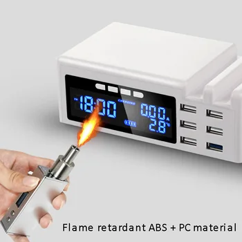 

USB Charger 6 Port With Time Temperature Display USB Charging Station Dock Universal Mobile Phone Desktop Wall Home EU Plug