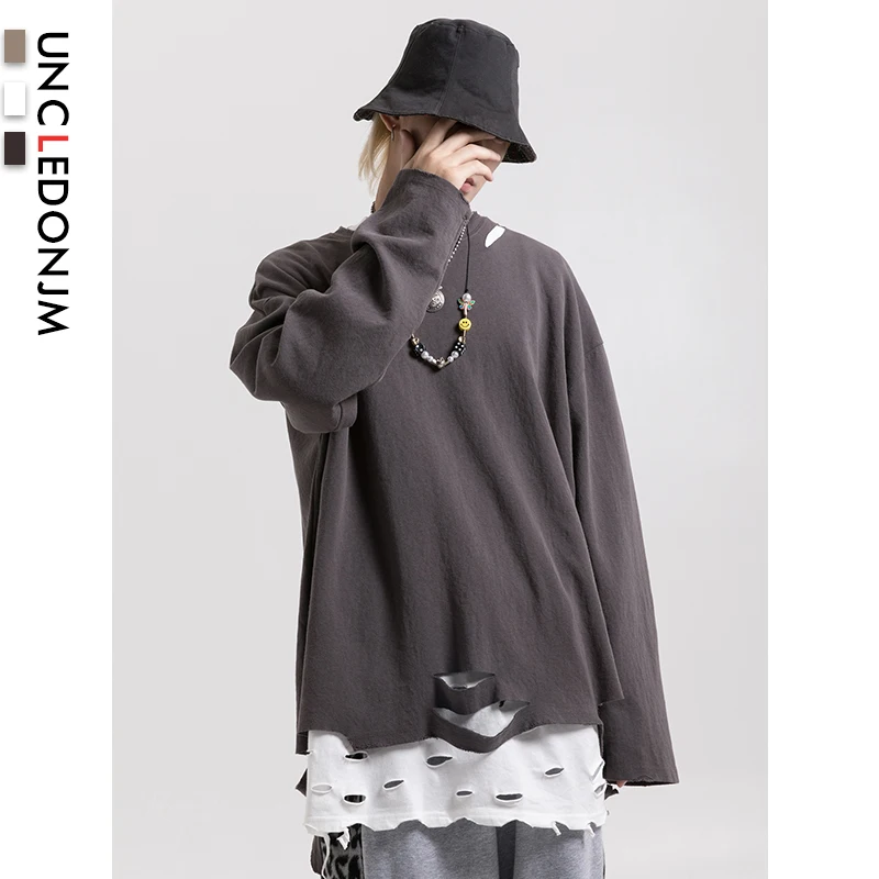 

UNCLEDONJM Damage hole full sleeve tshirts men hip hop streetwear new design hot top tee summer t-shirts man cotton fashion 579W