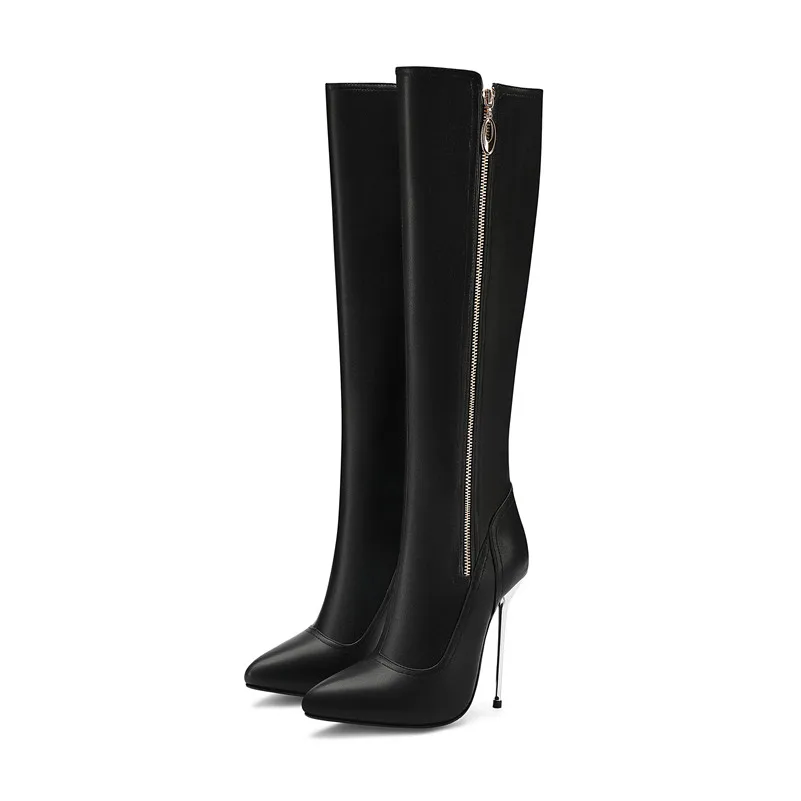 Meotina/Осенние Сапоги до колена женские высокие сапоги на молнии на шпильке пикантная обувь на очень высоком каблуке женская зимняя обувь, большие размеры 33-43 - Цвет: Черный