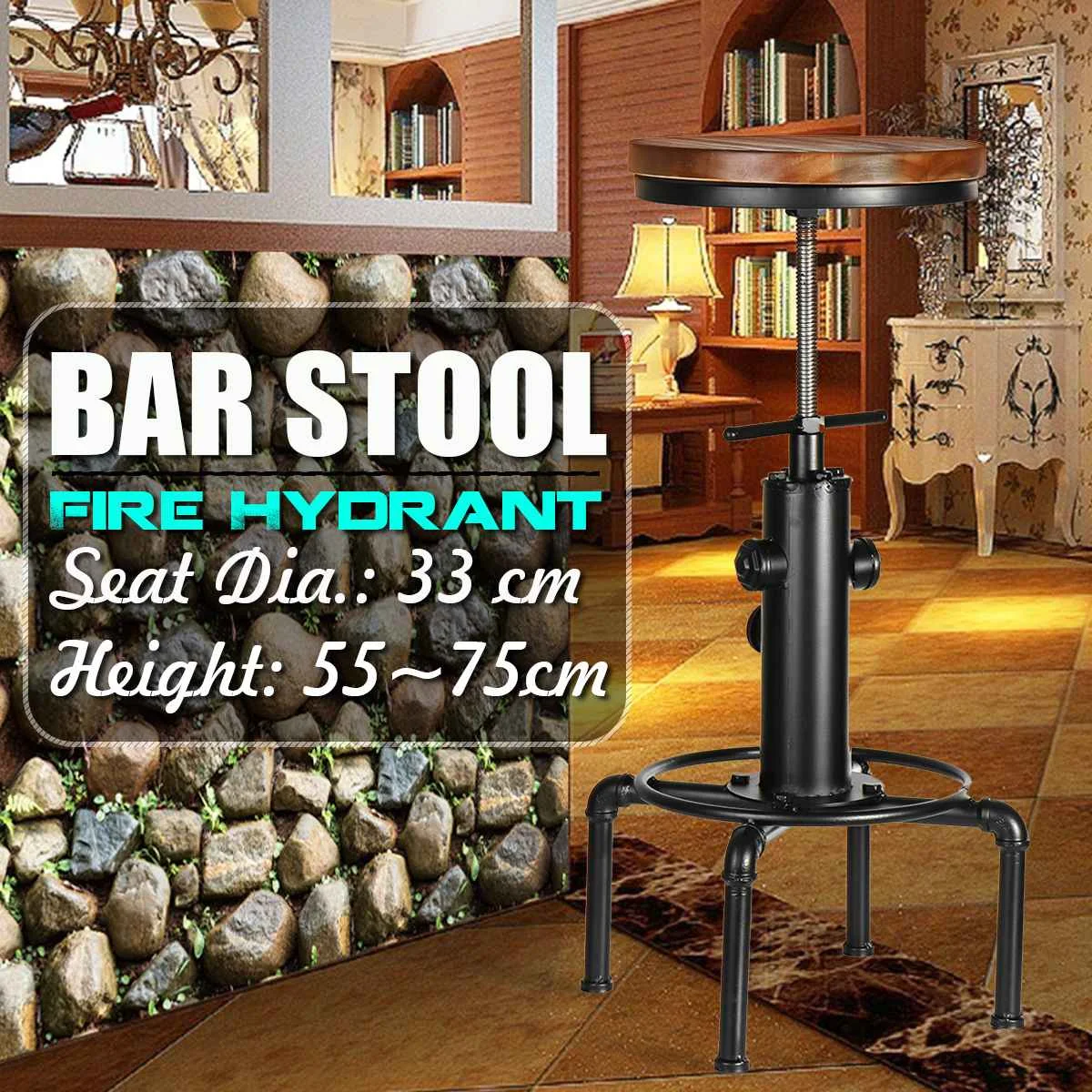 

Vintage Metal Industrial Bar Chairs Height Adjustable Swivel Pinewood Top Kitchen Dining Chair Pipe Style Barstool Bar Chairs