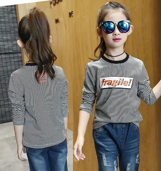 Черный Weixu/топы для девочек; коллекция года; сезон весна-осень; детская одежда в черную полоску с надписью; Детские хлопковые футболки с длинными рукавами; одежда для маленьких девочек - Цвет: Черный