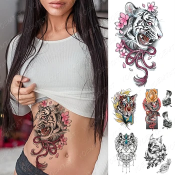 

Waterproof Temporary Tattoo Sticker Tiger Sakura Circus Flash Tattoos Dark Snake Jewelry Lace Cat Body Art Arm Fake Tatoo Women