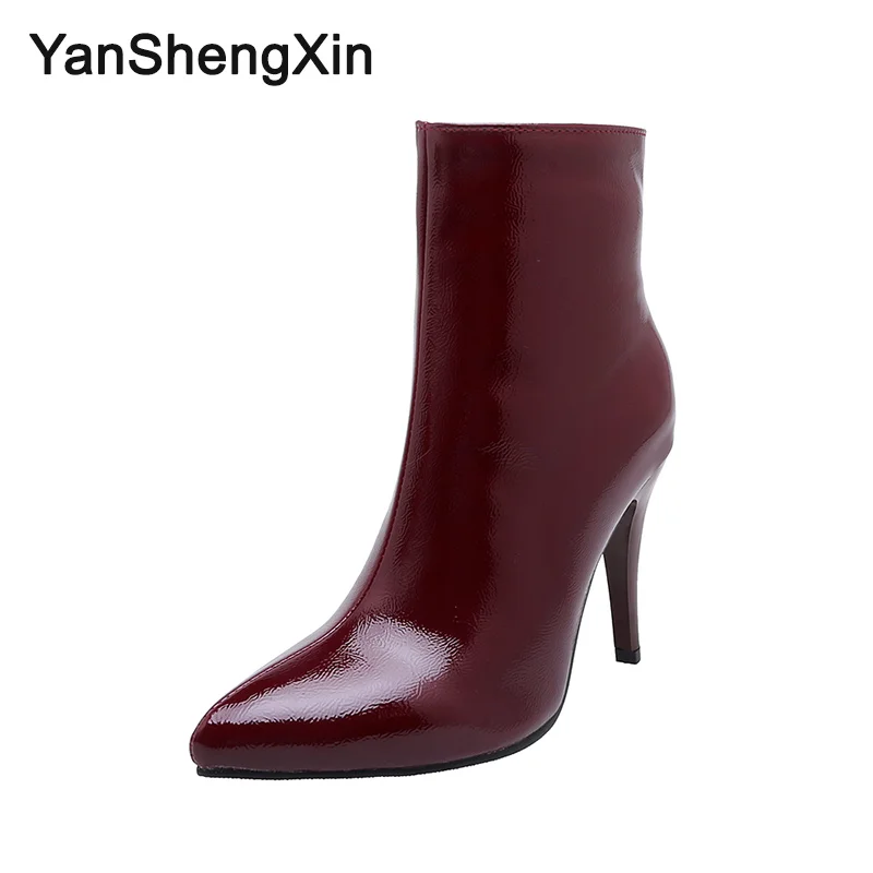 YANSHENGXIN Shoes Woman Boots Patent Leathe High Heel Women Boots Autumn Winter Pointed Toe Zip Women Shoes Warm Ladies Booties