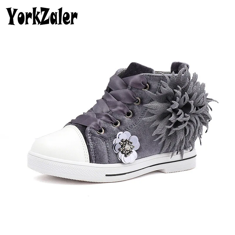 Grey Jorkzaler/весенне-осенние детские кроссовки для девочек; спортивная обувь с цветочной вышивкой; повседневная обувь для подростков; Размер 27-36 - Цвет: Grey