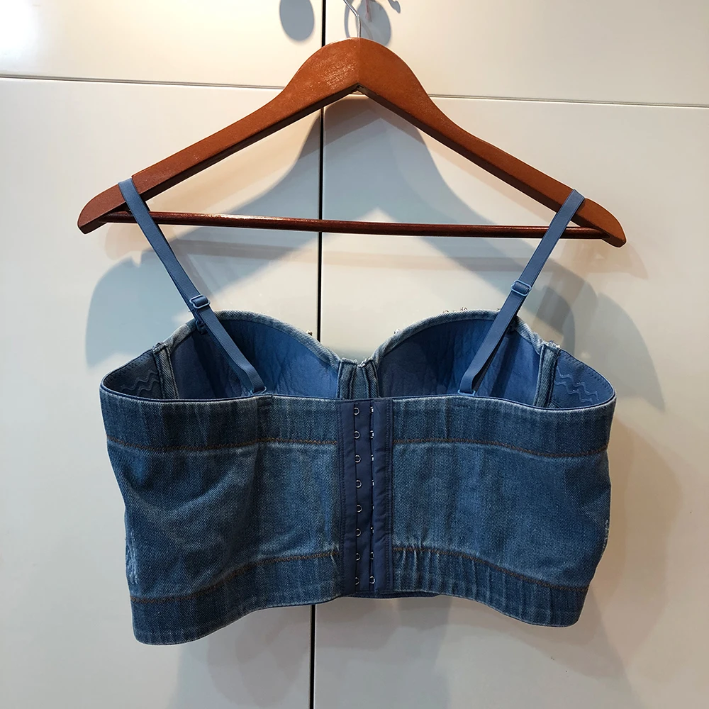Cupnaya Women Sexy Sparkle Diamantes Denim Blue Crop Top