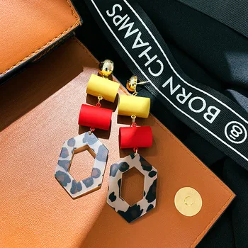 

FYUAN Red Purple Cylinder Metal Drop Earrings for Women Leopard Resin Dangle Earring Weddings Party Jewelry Gifts