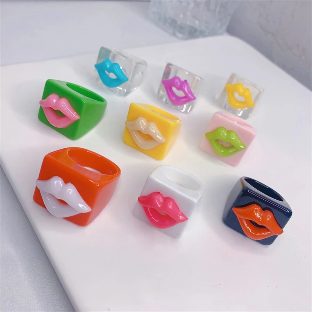 Fashion Punk Colorful Lips Shape Hollow Resin Finger Rings 1Pc For Women Girl Hiphop Party Jewelry finger ring