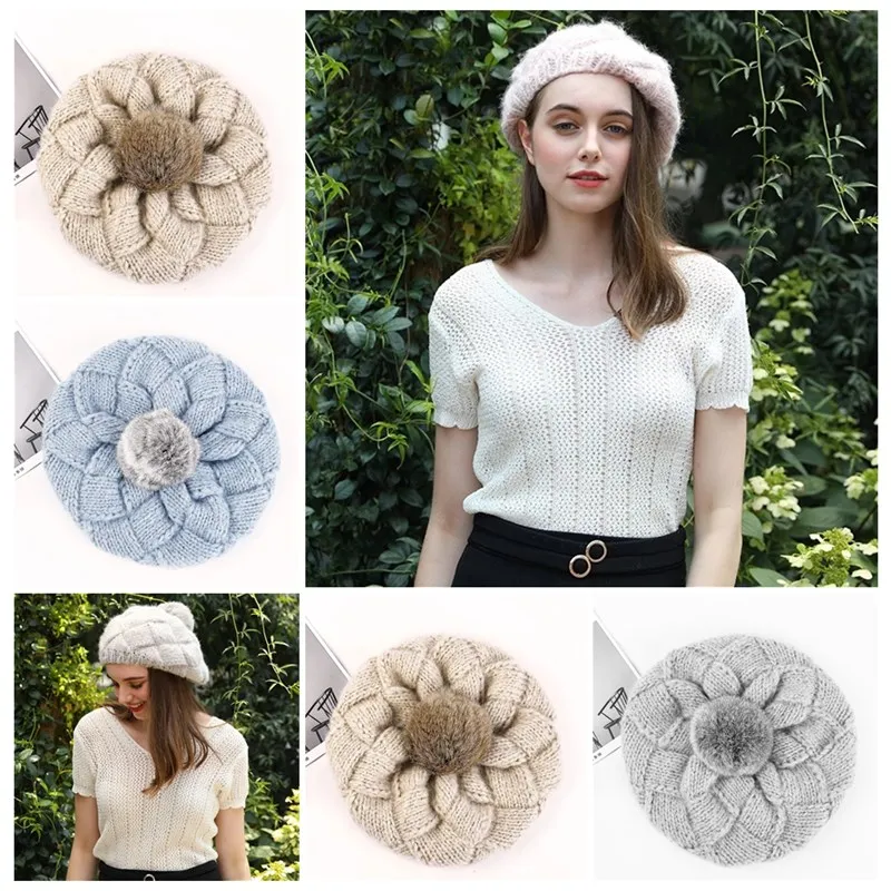 

Women Girl Beret Hat Warm Wool Winter bonnets Ethnic style handmade knitted cap Vintage Plain Solid Color Lady Winter Caps